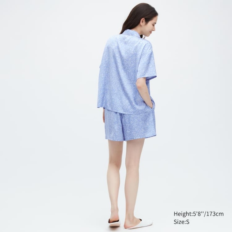 Női Uniqlo Satin Printed Pajamas (Rövid Sleeve) Nappali Ruha Kék | AEYMX-7689