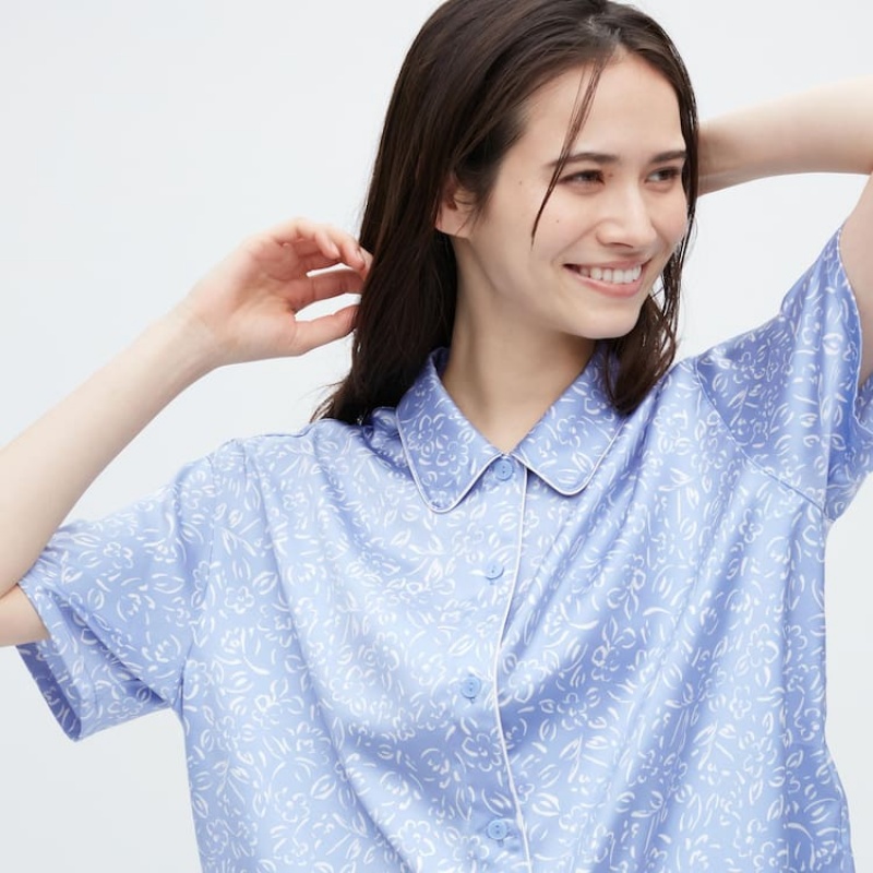 Női Uniqlo Satin Printed Pajamas (Rövid Sleeve) Nappali Ruha Kék | AEYMX-7689