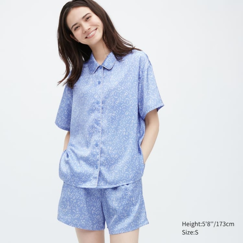 Női Uniqlo Satin Printed Pajamas (Rövid Sleeve) Nappali Ruha Kék | AEYMX-7689