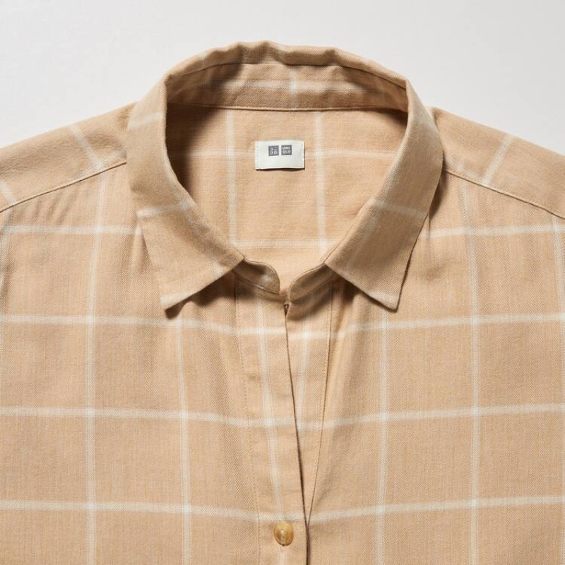 Női Uniqlo Soft Brushed Checked Long Sleeved Ingek Bézs | DJMPB-7103