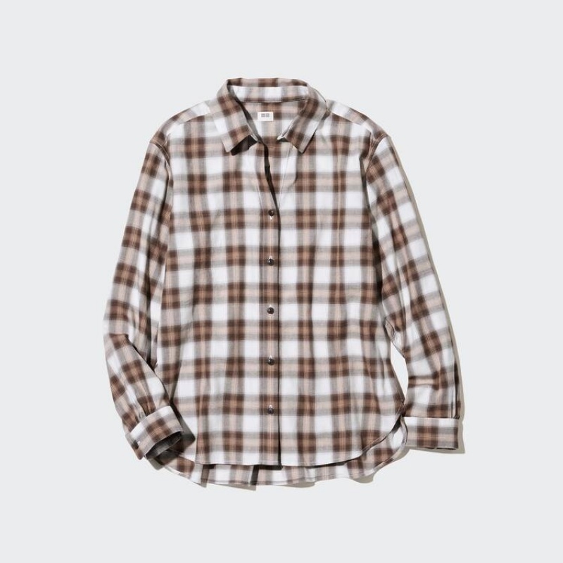 Női Uniqlo Soft Brushed Checked Long Sleeved Ingek Barna | LBUYQ-5206