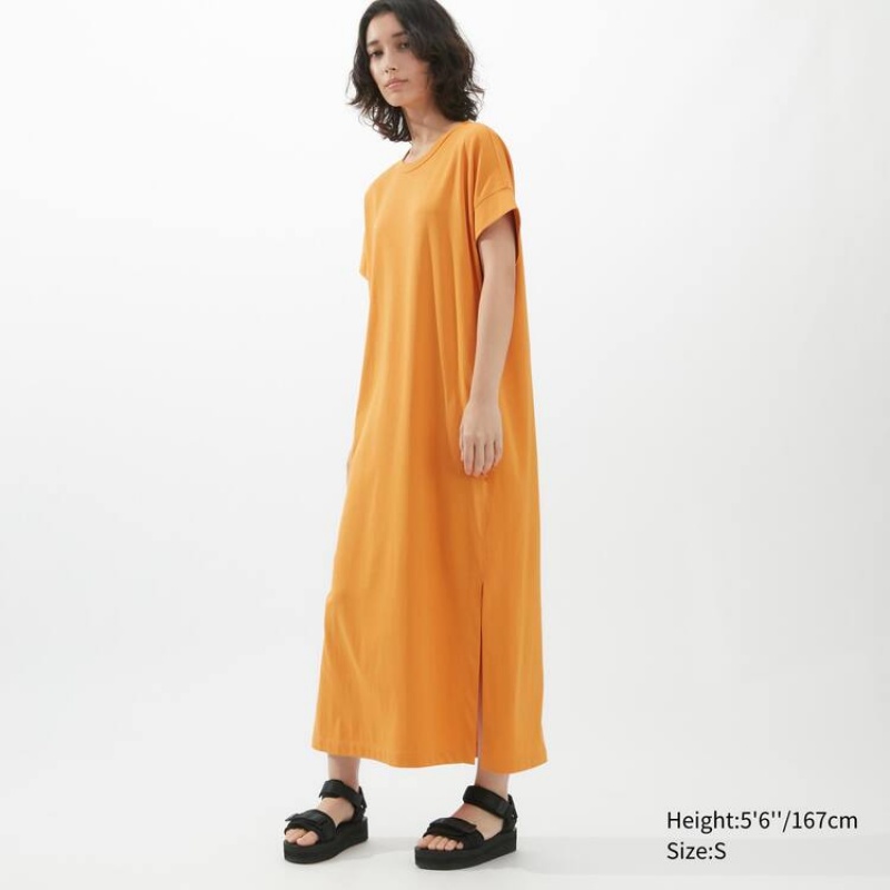 Női Uniqlo U Airism Cottoned Rövid Sleeved Ruha Narancssárga | ZDXEF-4698