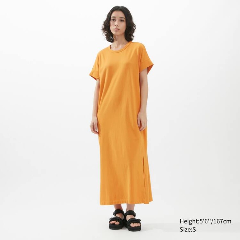 Női Uniqlo U Airism Cottoned Rövid Sleeved Ruha Narancssárga | ZDXEF-4698