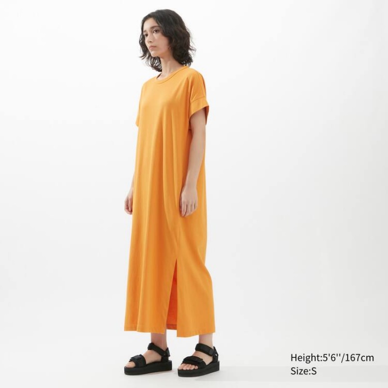 Női Uniqlo U Airism Cottoned Rövid Sleeved Ruha Narancssárga | ZDXEF-4698