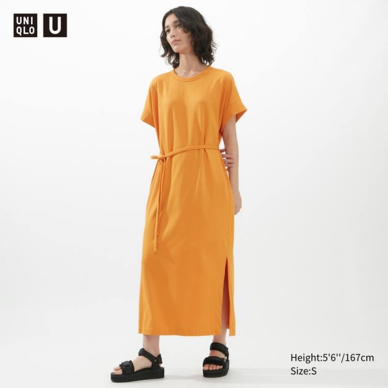 Női Uniqlo U Airism Cottoned Rövid Sleeved Ruha Narancssárga | ZDXEF-4698