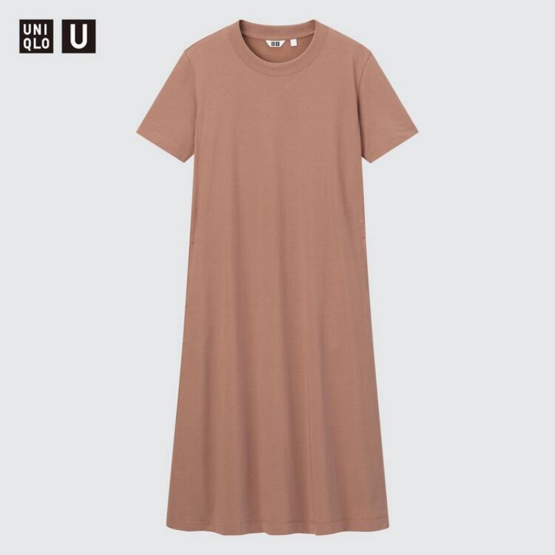 Női Uniqlo U Airism Pamut Rövid Sleeved Longline Flared Ruha Rózsaszín | XZYIF-7310