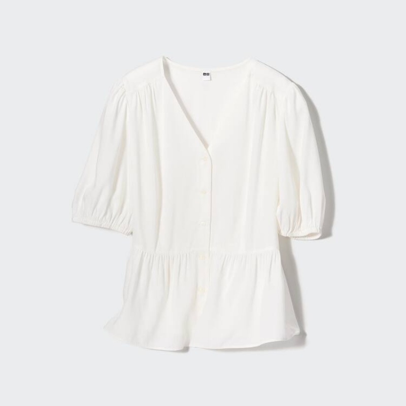 Női Uniqlo Viscose Lawn Rövid Sleeved Blúz Fehér | OSFEG-3568