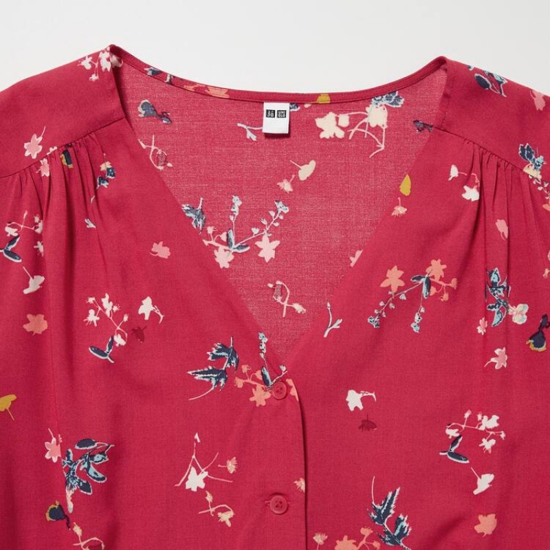 Női Uniqlo Viscose Lawn V Neck Printed Volume Sleeved Blúz Piros | YPXMR-6830