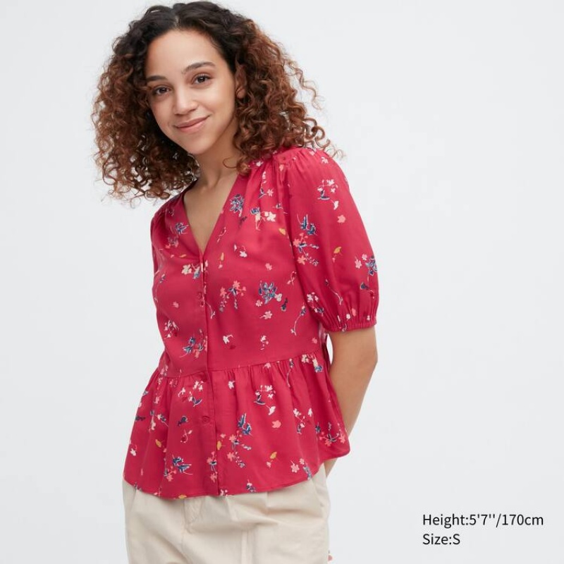 Női Uniqlo Viscose Lawn V Neck Printed Volume Sleeved Blúz Piros | YPXMR-6830