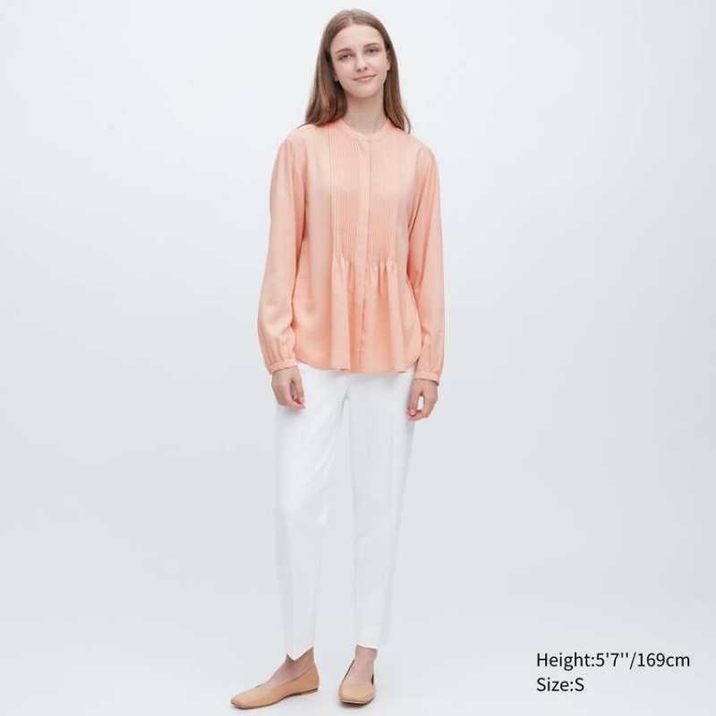 Női Uniqlo Viscose Pintucked Long Sleeved Blúz Korall | XBDWE-6538