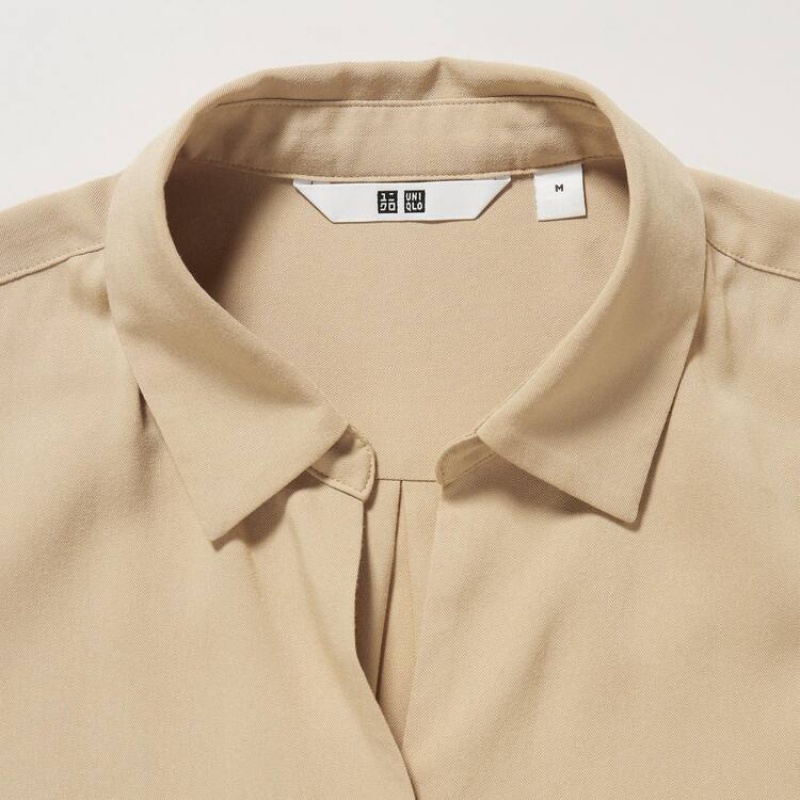 Női Uniqlo Viscose Skipper Collar 3/4 Sleeved Blúz Khaki | PMRSH-5028